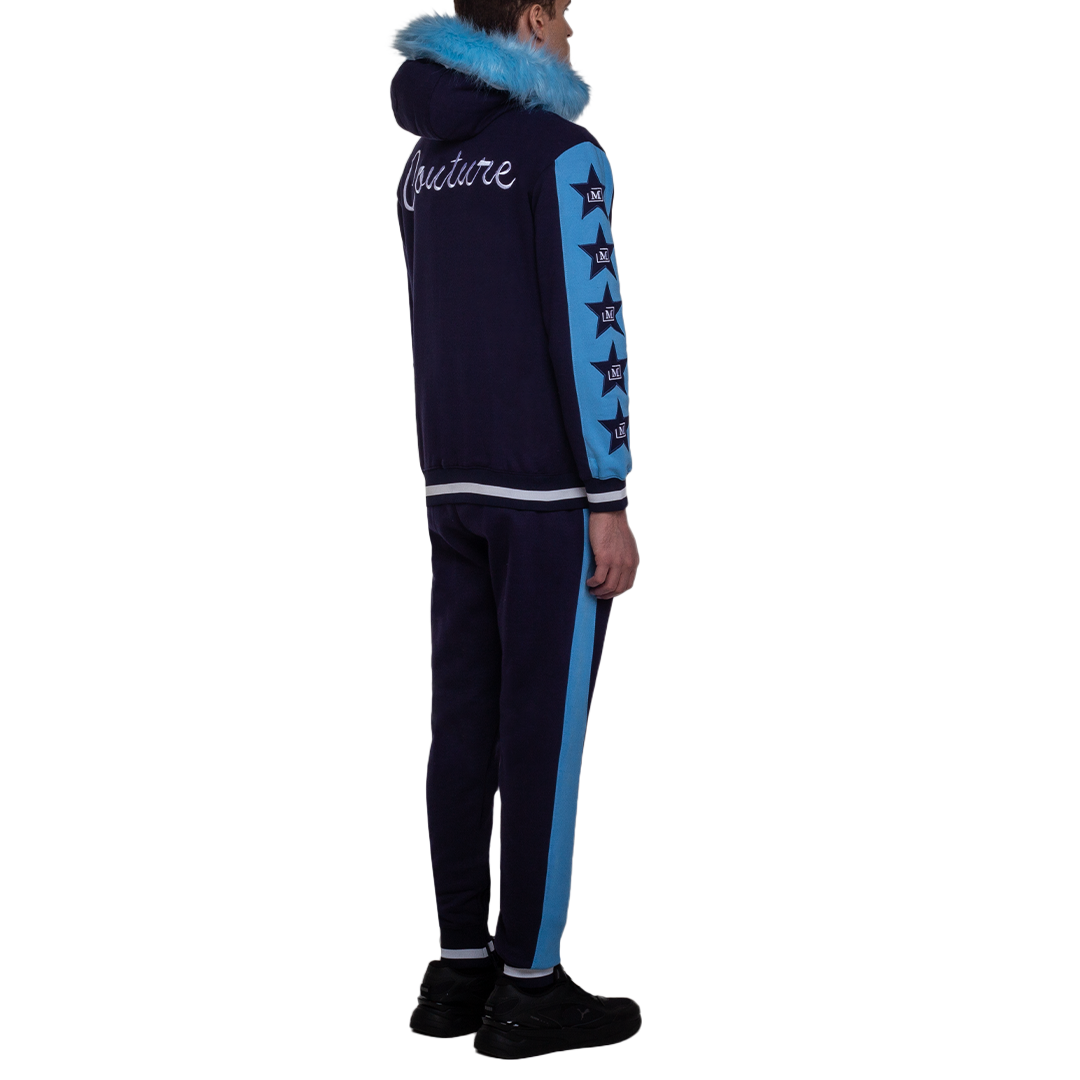 MDB Couture Men's M-Star Fur Hooded Fleece Sweatsuit - Blue