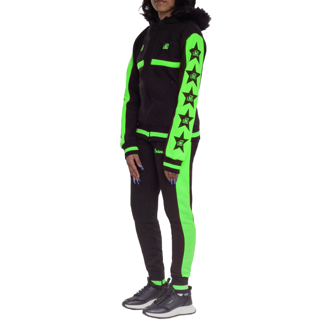 MDB Couture Women's M-Star Fur Hooded Fleece Sweatsuit - Neon