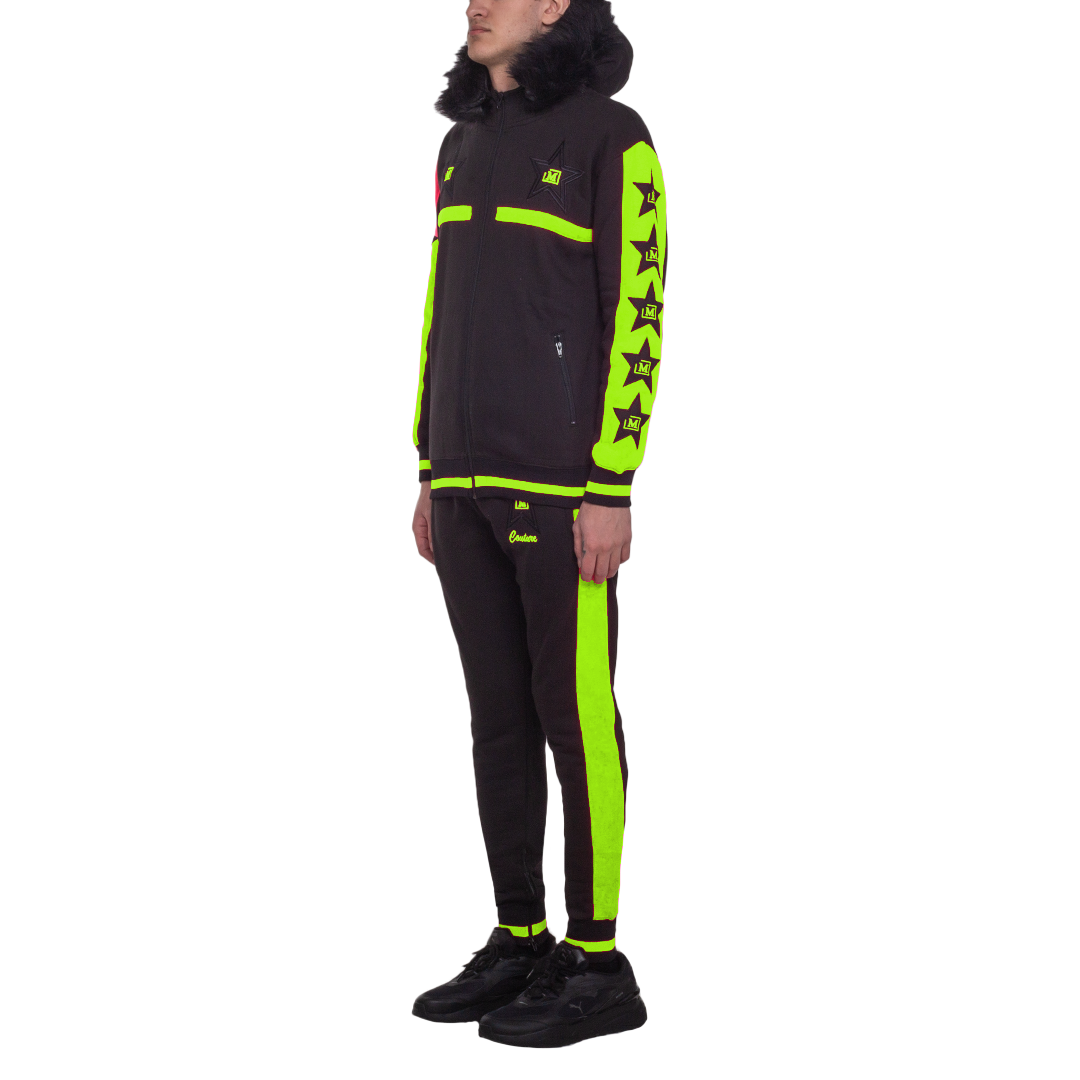 MDB Couture Men's M-Star Fur Hooded Fleece Sweatsuit - Black & Neon