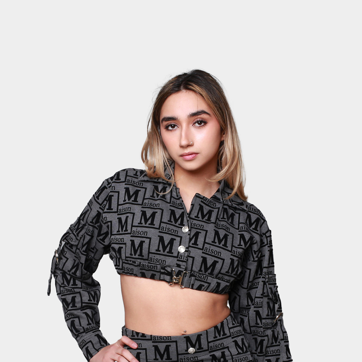 MDB Couture Women's Woven Monogram Crop-Top Jacket & Skirt