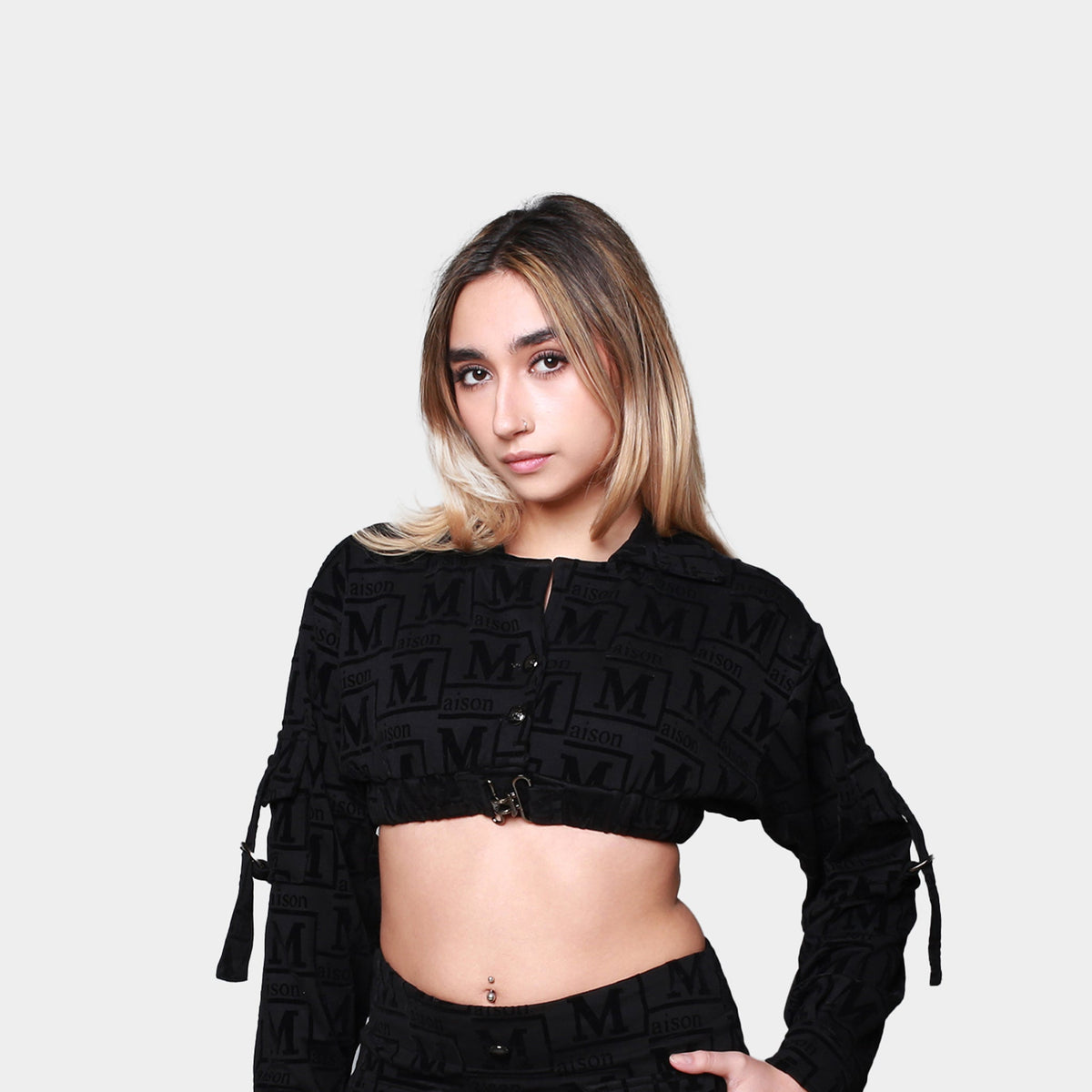 MDB Couture Women's Woven Monogram Crop-Top Jacket & Skirt