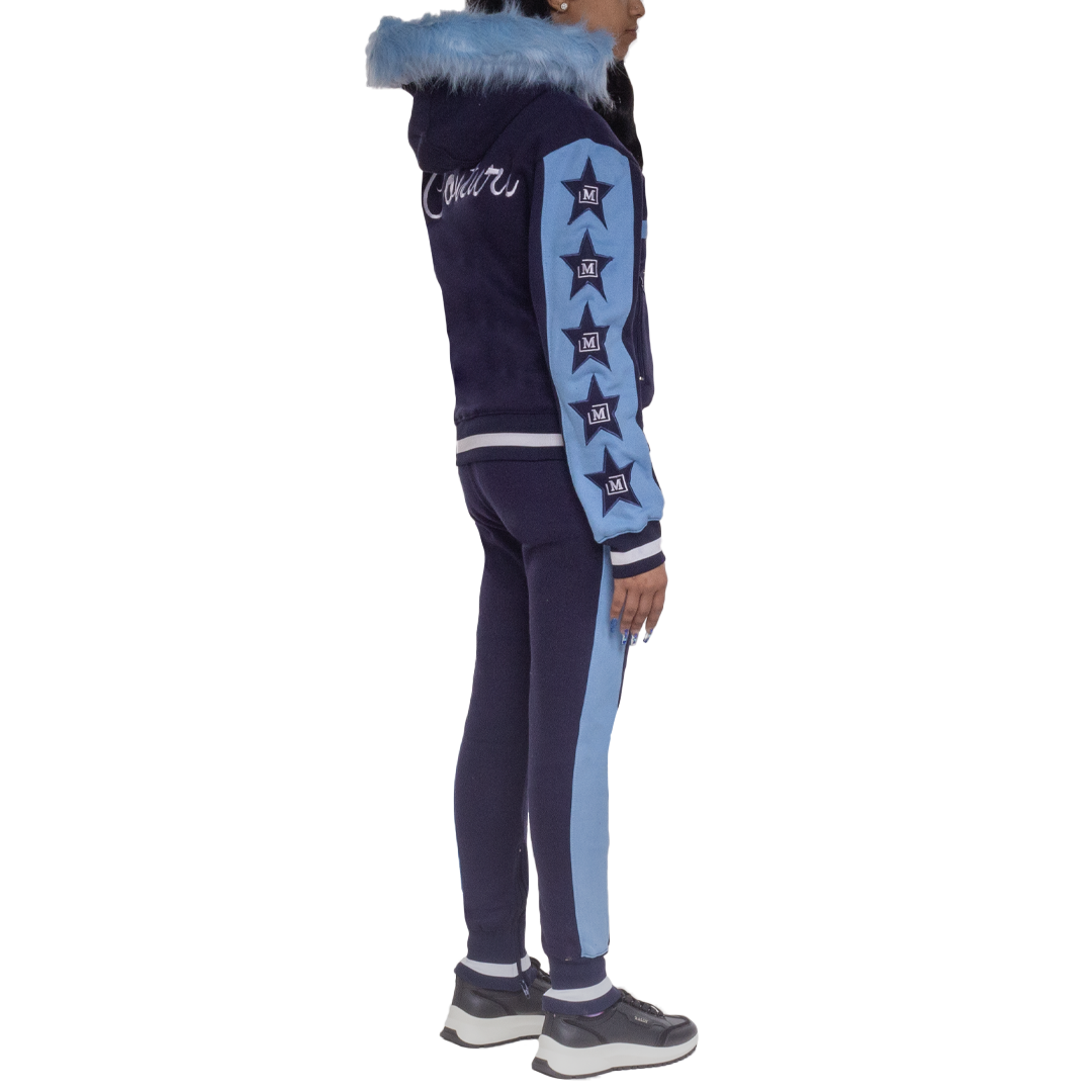 MDB Couture Women's M-Star Fur Hooded Fleece Sweatsuit - Blue