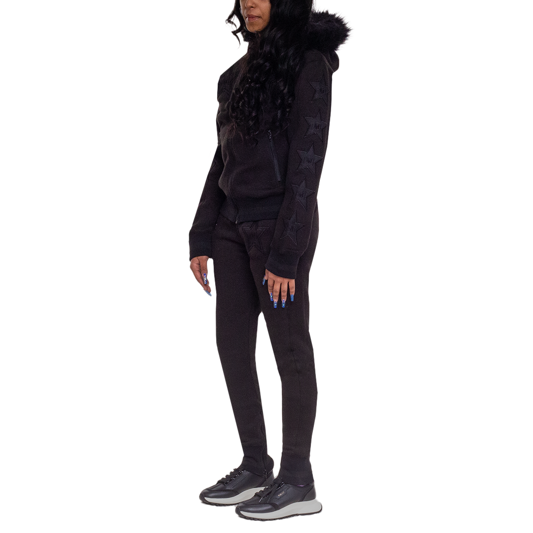 MDB Couture Women's M-Star Fur Hooded Fleece Sweatsuit - Black