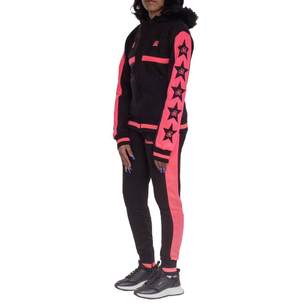 MDB Couture Women's M-Star Fur Hooded Fleece Sweatsuit - Neon