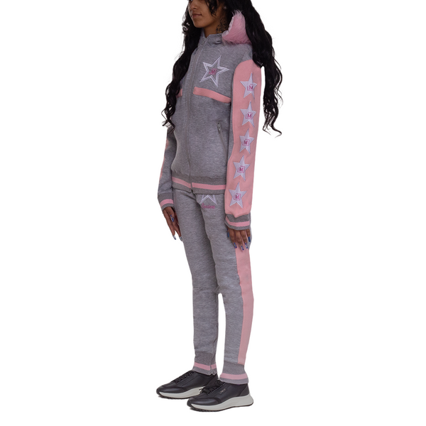 MDB Couture Women's M-Star Fur Hooded Fleece Sweatsuit - Grey