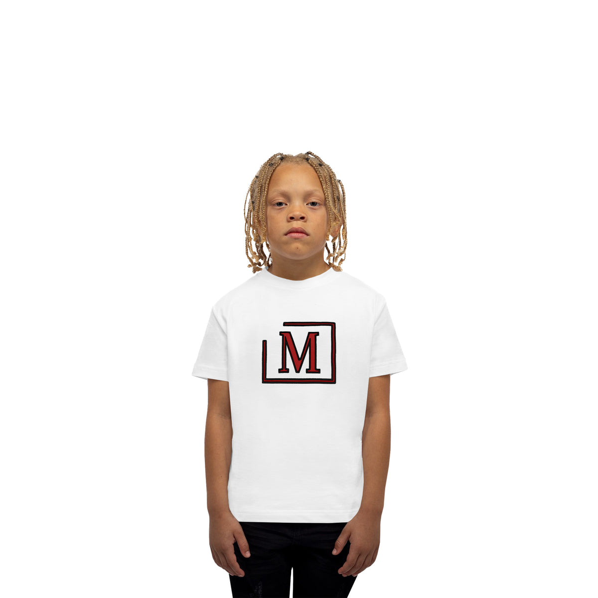 MDB Brand Kid's Classic M Embroidered Logo Tee - White w/ Red Logo