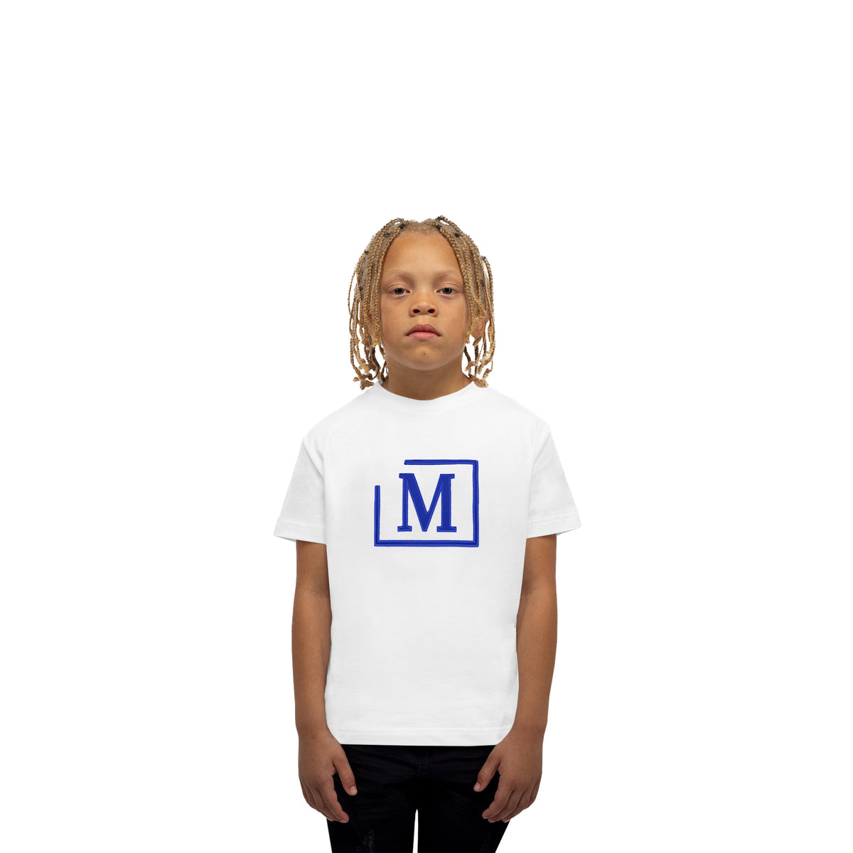 MDB Brand Kid's Classic M Embroidered Logo Tee - White w/ Cool Tone Logo