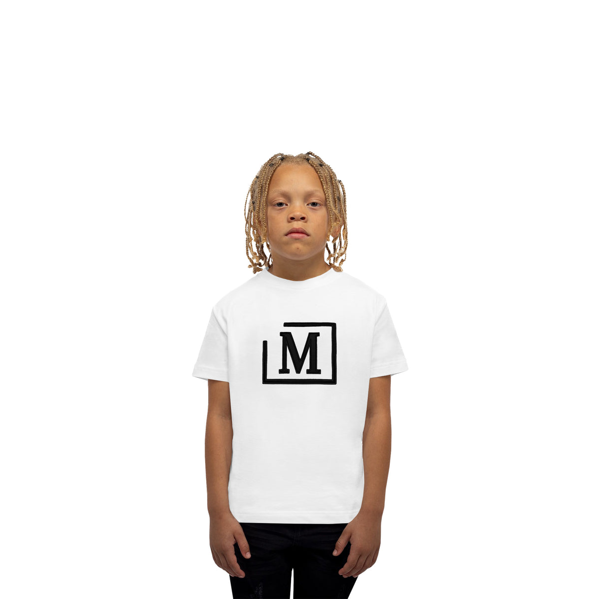 MDB Brand Kid's Classic M Embroidered Logo Tee - White w/ Cool Tone Logo