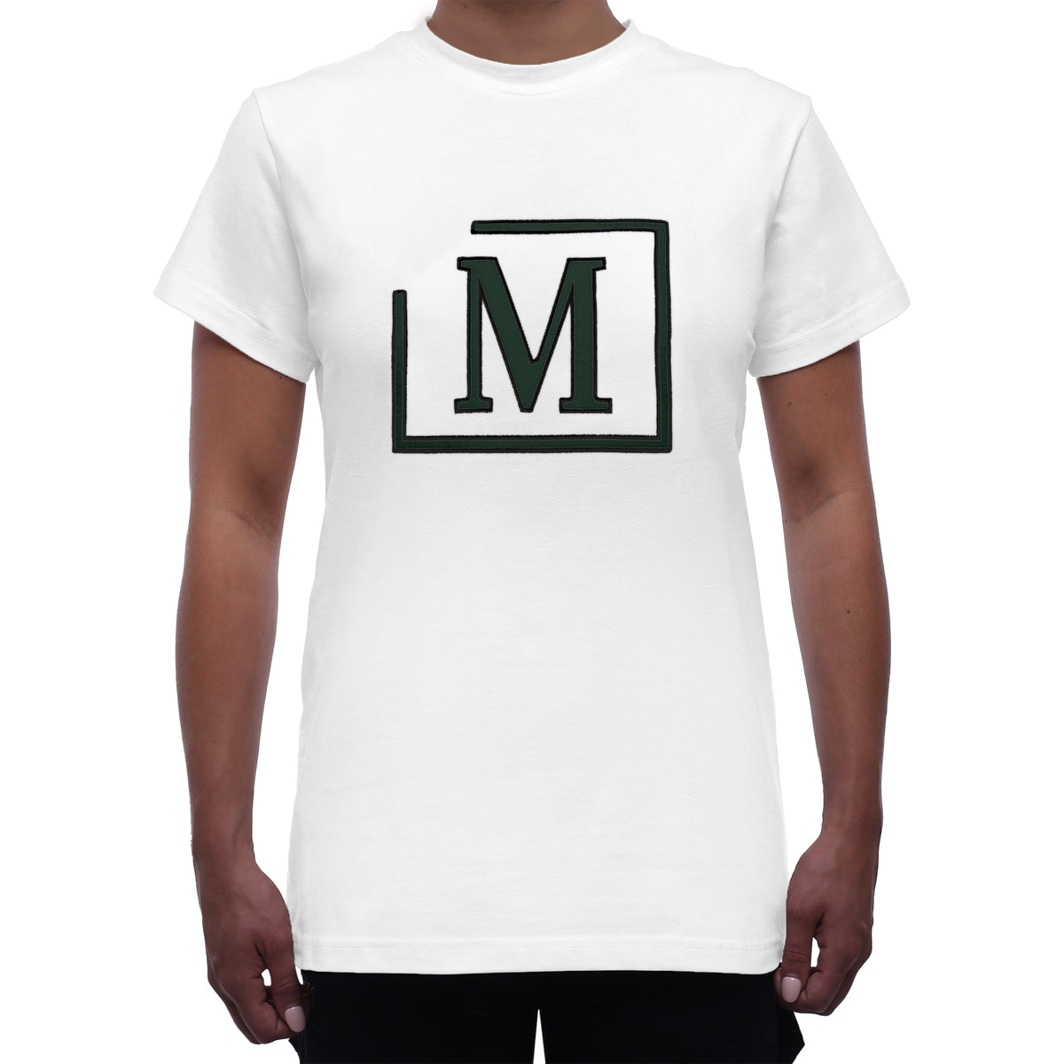 MDB Brand Women's Classic M Embroidered Logo Tee - White w/ Black Outline Logo